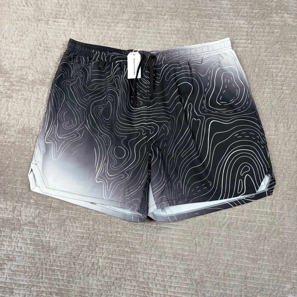 Ouku Mens Swim Trunks 3XL Black White Topographic Map Print Gradient Shorts NWT